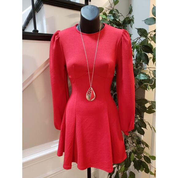 Boohoo Dresses & Skirts - Boohoo Skater Dress Women's 4 Red Bust Detail Blouson Sleeve Crew Neck Pullover